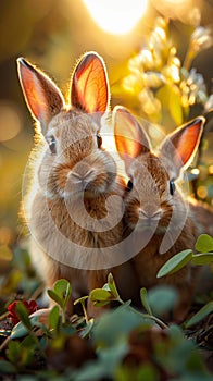 Heartwarming family Baby rabbits nestle close in a sun kissed meadow photo