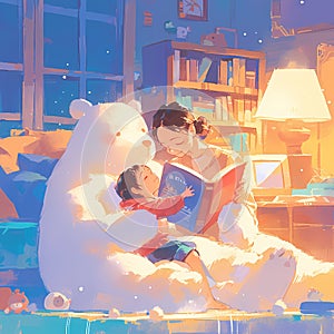 Heartwarming Family Moment: Mother Reading Bedtime Story to Child with a Hugging Teddy Bear