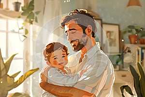 A heartwarming illustration of a father holding his young child, their expressions a blend of joy and affection, in a cozy home