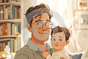 A heartwarming illustration of a father holding his young child, their expressions a blend of joy and affection, in a cozy home