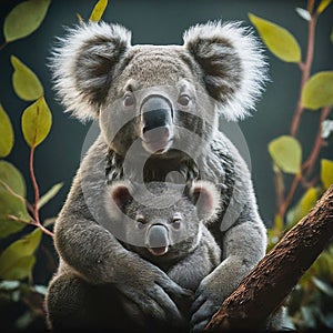 Mother Koala Cuddles Her Joey in a Eucalyptus Tree