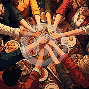 AI-Generated Image: Friends Stacking Hands Around a Table of Food photo