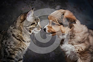 A heartwarming image of a tabby cat and fluffy puppy bonding together