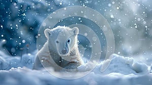 Heartwarming image of a young polar bear cub amid a delicate snowfall in a serene winter landscape