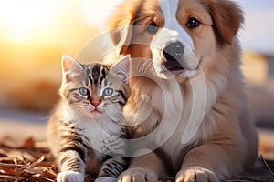 Heartwarming interaction Isolated shot of a cat and Labrador meeting