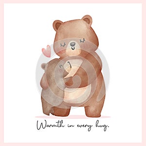 Heartwarming Mothers Day Bear Mom and Baby Cub cuddle hug Adorable watercolor illustration