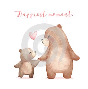 Heartwarming Mothers Day Bear Mom and Baby Cub holding hand Adorable watercolor illustration