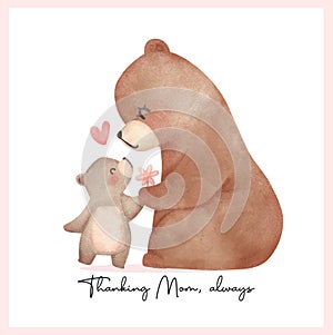 Heartwarming Mothers Day Bear Mom and Baby Cub showing love Adorable watercolor illustration