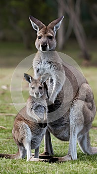 Heartwarming portrait of kangaroo mother and son in natural habitat