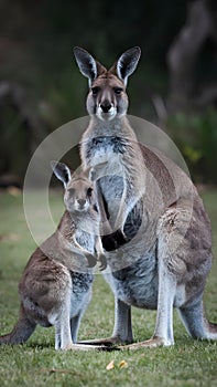 Heartwarming portrait of kangaroo mother and son in natural habitat