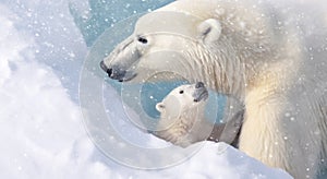 A heartwarming portrait of a mother polar bear with her adorable cub, surrounded by pristine snow in their Arctic habitat