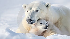 A heartwarming portrait of a mother polar bear with her adorable cub, surrounded by pristine snow in their Arctic habitat