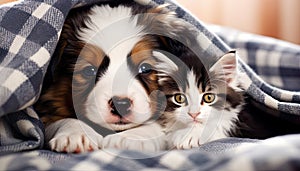 heartwarming scene captures the essence of pet companionship as a cute dog and cat snuggle under a cozy blanket.