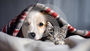 heartwarming scene captures the essence of pet companionship as a cute dog and cat snuggle under a cozy blanket.