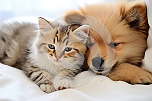 Heartwarming scene capturing cat and dog peacefully sleeping on bed, sharing affectionate hug. Perfect for showcasing bo