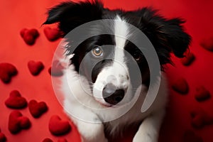 Heartwarming scene Cute border collie puppy with red heart background