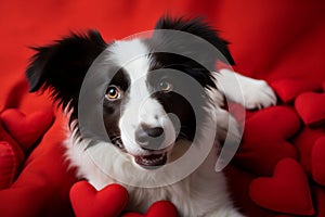 Heartwarming scene Cute border collie puppy with red heart background