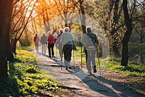 A heartwarming scene featuring retirees relishing Nordic walking in a picturesque spring park, showcasing their