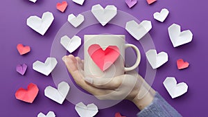 Heartwarming scene hand cradles mug amidst paper craft hearts