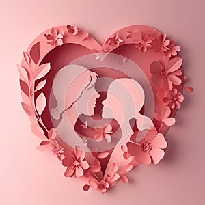 A heartwarming scene of a mother and child within a heart, surrounded by pink paper flowers, representing maternal love
