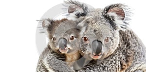 Heartwarming scene of a mother koala cradling her joey on her back against a clean white backdrop photo
