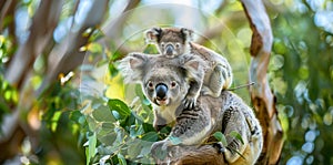 Heartwarming scene of a mother koala cradling her joey on her back photo