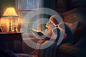 A heartwarming scene of a mother sitting on a cozy chair, reading a book to her children sitting around her, generative ai