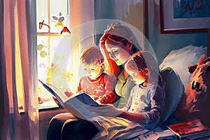 A heartwarming scene of a mother sitting on a cozy chair, reading a book to her children sitting around her, generative ai