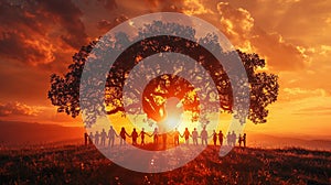Unity at Sunset: People Holding Hands Around a Majestic Tree