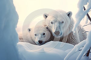 Heartwarming scene of a polar bear mother and cub in snowy embrace