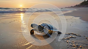 Baby Turtle\'s Journey to the Ocean at Dawn photo