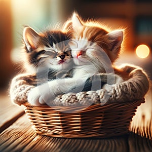 A heartwarming scene of two happy kittens cuddled up together in a cozy basket, their tiny paws and tails entwined, symbolizing