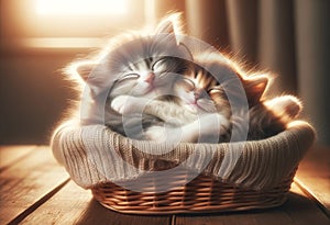 A heartwarming scene of two happy kittens cuddled up together in a cozy basket, their tiny paws and tails entwined, symbolizing