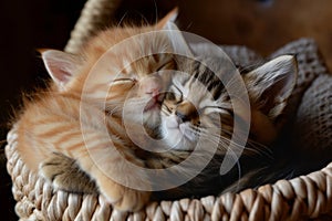 A heartwarming scene of two happy kittens cuddled up together in a cozy basket, their tiny paws and tails entwined, symbolizing