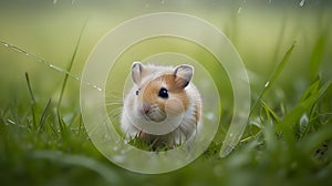 A heartwarming sight of a tiny hamster dancing merrily under a gentle rain shower photo