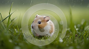 A heartwarming sight of a tiny hamster dancing merrily under a gentle rain shower photo