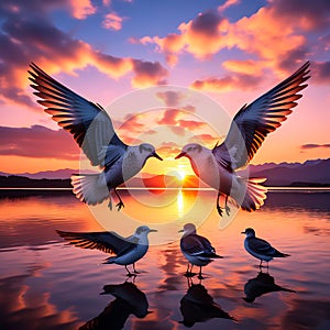 Heartwarming Sky Ballet: Birds Forming a Heart Shape Against an Amazing Sunset