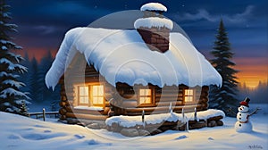 A heartwarming snowman standing outside a cozy log cabin