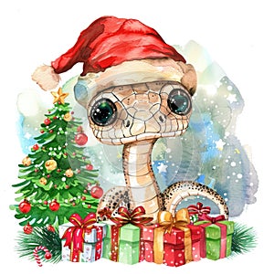 A heartwarming watercolor snake with large eyes wears a Santa hat