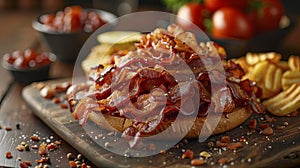 Hearty Bacon Stacked Burger with Crispy Fries on a Wooden Serving Board for a Savory Feast