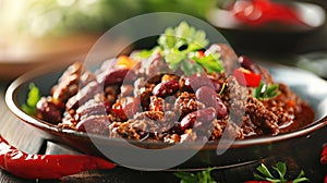 Hearty beef chili with beans and tomatoes garnished with fresh herbs. Close-up food photography