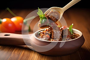 hearty beef goulash on wooden spoon, close view