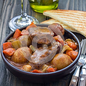 Hearty beef stew with carrot, celery, shallot and potato, square