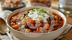 A hearty bowl of chili made with lean ground turkey beans and vegetables topped with a dollop of Greek yogurt and photo