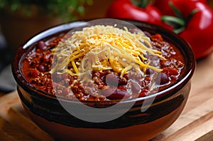 Hearty Bowl of Chili with Shredded Cheese on Top