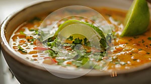 A hearty bowl of coconut lentil soup thickened with creamy coconut milk and finished with a squeeze of fresh lime photo