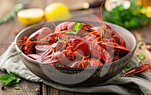 A hearty bowl filled with spicy boiled crawfish, seasoned with herbs and spices, perfect for a stock photo highlighting