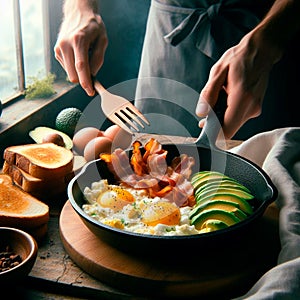 Hearty Breakfast Feast: Eggs, Bacon, and Avocado