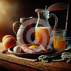 Hearty breakfast: orange juice, bacon and eggs and pot of coffee