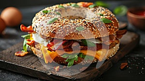 Hearty Breakfast Sandwich on a Bagel with Egg Bacon and Cheese